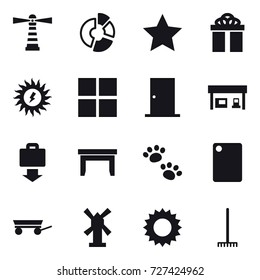 16 vector icon set : lighthouse, circle diagram, star, gift, sun power, window, door, gas station, baggage get, table, pets, cutting board, trailer, windmill, sun, rake