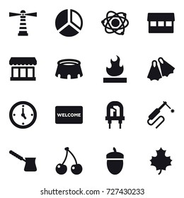 16 vector icon set : lighthouse, diagram, atom, market, stadium, flippers, watch, welcome mat, turk, cherry, acorn, maple leaf