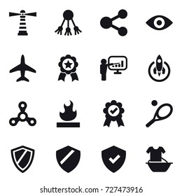 16 vector icon set : lighthouse, share, eye, plane, medal, presentation, rocket, spinner, tennis, shield, handle washing