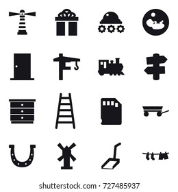 16 vector icon set : lighthouse, gift, lunar rover, door, tower crane, train, signpost, chest of drawers, stairs, trailer, horseshoe, windmill, scoop, drying clothe