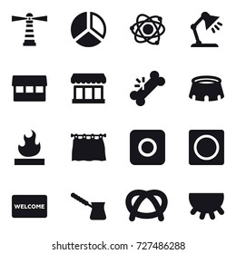 16 vector icon set : lighthouse, diagram, atom, table lamp, market, stadium, curtain, ring button, welcome mat, turk, udder