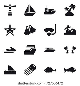 16 vector icon set : lighthouse, boat, island, starfish, flippers, diving mask, surfer, jet ski, cruise ship, yacht, palm hammock, shark flipper, jellyfish, fish