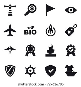 16 vector icon set : lighthouse, dollar magnifier, flag, eye, plane, bio, rocket, medal, shield, handwheel, handle washing