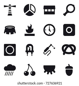 16 vector icon set : lighthouse, diagram, market, magnifier, stadium, watch, ring button, rain cloud, cherry, udder, acorn