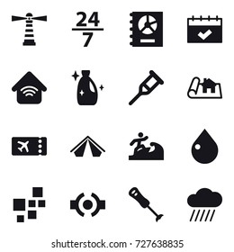 16 vector icon set : lighthouse, 24/7, annual report, calendar, wireless home, cleanser, project, ticket, tent, surfer, drop, rain cloud