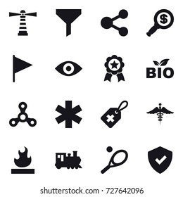 16 vector icon set : lighthouse, funnel, share, dollar magnifier, flag, eye, medal, bio, spinner, train, tennis
