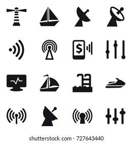 16 vector icon set : lighthouse, boat, satellite antenna, wireless, antenna, mobile pay, equalizer, sail boat, pool, jet ski