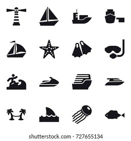 16 vector icon set : lighthouse, boat, sail boat, starfish, flippers, diving mask, surfer, jet ski, cruise ship, yacht, palm hammock, shark flipper, jellyfish