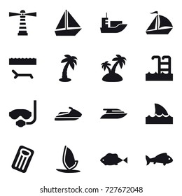 16 vector icon set : lighthouse, boat, sail boat, lounger, palm, island, pool, diving mask, jet ski, yacht, shark flipper, inflatable mattress, windsurfing, fish