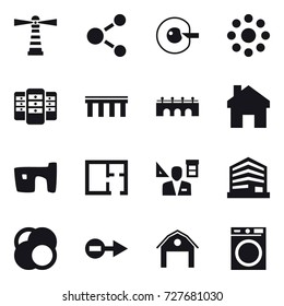 16 vector icon set : lighthouse, molecule, cell corection, round around, server, bridge, home, slum, plan, architector, barn, washing machine