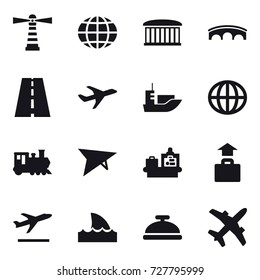 16 vector icon set : lighthouse, globe, airport building, bridge, train, deltaplane, baggage checking, baggage, departure, shark flipper, service bell