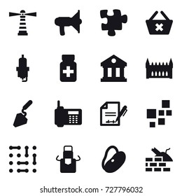 16 vector icon set : lighthouse, loudspeaker, puzzle, delete cart, spark plug, library, gothic architecture, construction, apron, construct garbage