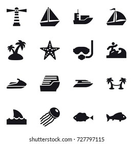 16 vector icon set : lighthouse, boat, sail boat, island, starfish, diving mask, surfer, jet ski, cruise ship, yacht, palm hammock, shark flipper, jellyfish, fish