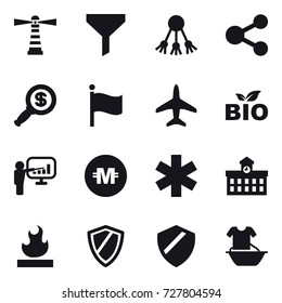 16 vector icon set : lighthouse, funnel, share, dollar magnifier, flag, plane, bio, presentation, crypto currency, university, shield, handle washing