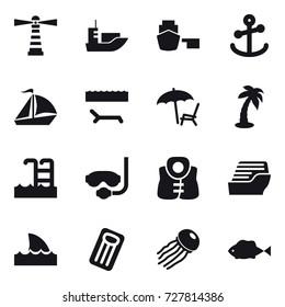 16 vector icon set : lighthouse, sail boat, lounger, palm, pool, diving mask, life vest, cruise ship, shark flipper, inflatable mattress, jellyfish