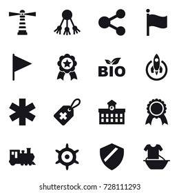 16 vector icon set : lighthouse, share, flag, medal, bio, rocket, university, train, handwheel, handle washing