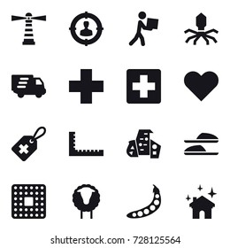 16 vector icon set : lighthouse, target audience, courier, virus, delivery, ruler, modern architecture, slippers, sheep, peas, house cleaning