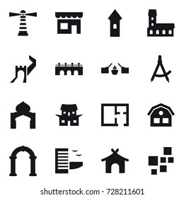 16 vector icon set : lighthouse, shop, tower, mansion, greate wall, bridge, drawbridge, draw compass, minaret, japanese house, plan, house, arch, hotel, bungalow