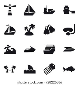 16 vector icon set : lighthouse, boat, sail boat, island, flippers, diving mask, surfer, jet ski, cruise ship, yacht, palm hammock, shark flipper, jellyfish, fish