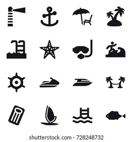 16 vector icon set : lighthouse, lounger, island, pool, starfish, diving mask, surfer, handwheel, jet ski, yacht, palm hammock, inflatable mattress, windsurfing