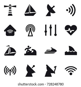 16 vector icon set : lighthouse, boat, satellite antenna, wireless, wireless home, antenna, equalizer, sail boat, surfer, jet ski, shark flipper