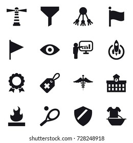 16 vector icon set : lighthouse, funnel, share, flag, eye, presentation, rocket, medal, university, tennis, handle washing
