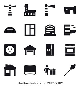 16 vector icon set : lighthouse, mansion, slum, hangare, window, hotel, power socket, garage, fridge, house, sponge, kitchen cleaning, duster