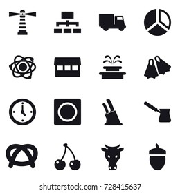 16 vector icon set : lighthouse, hierarchy, truck, diagram, atom, market, fountain, flippers, watch, ring button, knife holder, turk, cherry, cow, acorn
