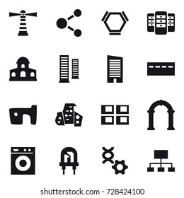 16 vector icon set : lighthouse, molecule, hex molecule, server, mansion, skyscrapers, skyscraper, bunker, slum, modern architecture, panel house, arch, washing machine, hierarchy