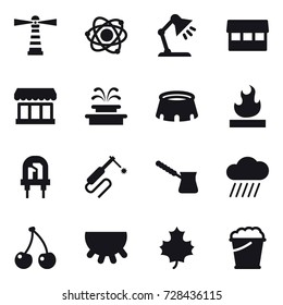 16 vector icon set : lighthouse, atom, table lamp, market, fountain, stadium, turk, rain cloud, cherry, udder, maple leaf, foam bucket