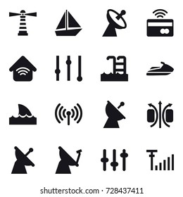 16 vector icon set : lighthouse, boat, satellite antenna, tap to pay, wireless home, equalizer, pool, jet ski, shark flipper, wireless