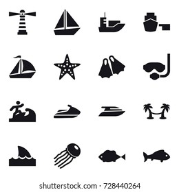 16 vector icon set : lighthouse, boat, sail boat, starfish, flippers, diving mask, surfer, jet ski, yacht, palm hammock, shark flipper, jellyfish, fish