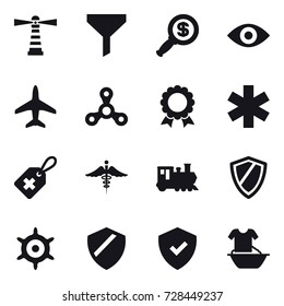 16 vector icon set : lighthouse, funnel, dollar magnifier, eye, plane, spinner, medal, train, shield, handwheel, handle washing