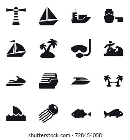16 vector icon set : lighthouse, boat, sail boat, island, diving mask, surfer, jet ski, cruise ship, yacht, palm hammock, shark flipper, jellyfish, fish