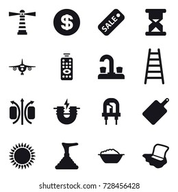 16 vector icon set : lighthouse, dollar, sale, plane, remote control, water tap, stairs, cutting board, plunger, foam basin, floor washing