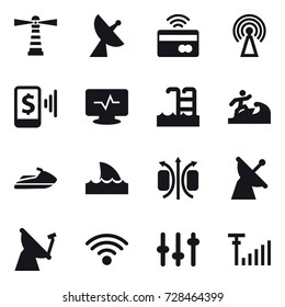 16 vector icon set : lighthouse, satellite antenna, tap to pay, antenna, mobile pay, pool, surfer, jet ski, shark flipper