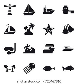 16 vector icon set : lighthouse, boat, sail boat, island, starfish, flippers, diving mask, surfer, cruise ship, yacht, palm hammock, jellyfish, fish