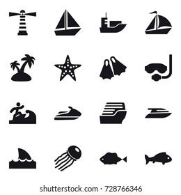 16 vector icon set : lighthouse, boat, sail boat, island, starfish, flippers, diving mask, surfer, jet ski, cruise ship, yacht, shark flipper, jellyfish, fish