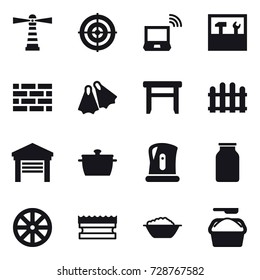 16 vector icon set : lighthouse, target, notebook wireless, tools, brick wall, flippers, stool, fence, garage, pan, kettle, wheel, sponge, foam basin, washing powder