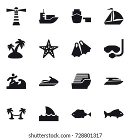 16 vector icon set : lighthouse, sail boat, island, starfish, flippers, diving mask, surfer, jet ski, cruise ship, yacht, palm hammock, shark flipper, fish