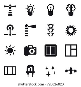 16 vector icon set : lighthouse, bulb, bulb brain, laser, sun, camera, power switch, window, shining, hard reach place cleaning