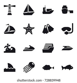 16 vector icon set : lighthouse, boat, sail boat, starfish, flippers, diving mask, surfer, jet ski, cruise ship, yacht, shark flipper, jellyfish, fish
