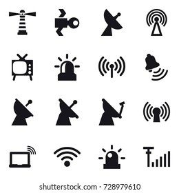 16 vector icon set : lighthouse, satellite, satellite antenna, antenna, tv, alarm, wireless, bell