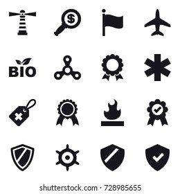 16 vector icon set : lighthouse, dollar magnifier, flag, plane, bio, spinner, medal, shield, handwheel