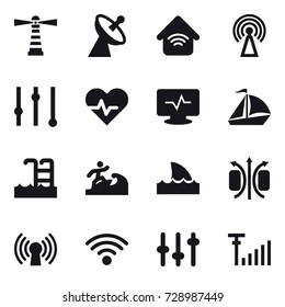 16 vector icon set : lighthouse, satellite antenna, wireless home, antenna, equalizer, sail boat, pool, surfer, shark flipper