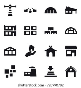 16 vector icon set : lighthouse, drawbridge, hangare, house with garage, modular house, panel house, block wall, greenhouse, real estate, bungalow, shop, barn
