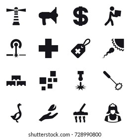 16 vector icon set : lighthouse, loudspeaker, dollar, courier, laser, block wall, whisk, goose, hand leaf, vacuum cleaner, cleaner