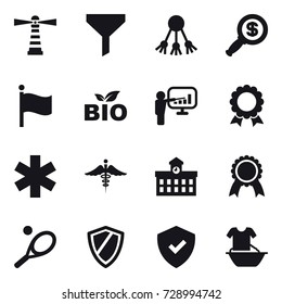 16 vector icon set : lighthouse, funnel, share, dollar magnifier, flag, bio, presentation, medal, university, tennis, shield, handle washing
