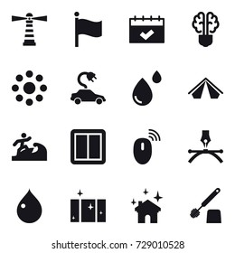 16 vector icon set : lighthouse, flag, calendar, bulb brain, round around, electric car, tent, surfer, power switch, drop, clean  window, house cleaning, toilet brush