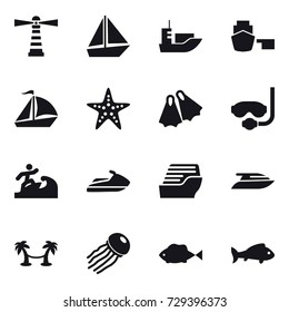 16 vector icon set : lighthouse, boat, sail boat, starfish, flippers, diving mask, surfer, jet ski, cruise ship, yacht, palm hammock, jellyfish, fish